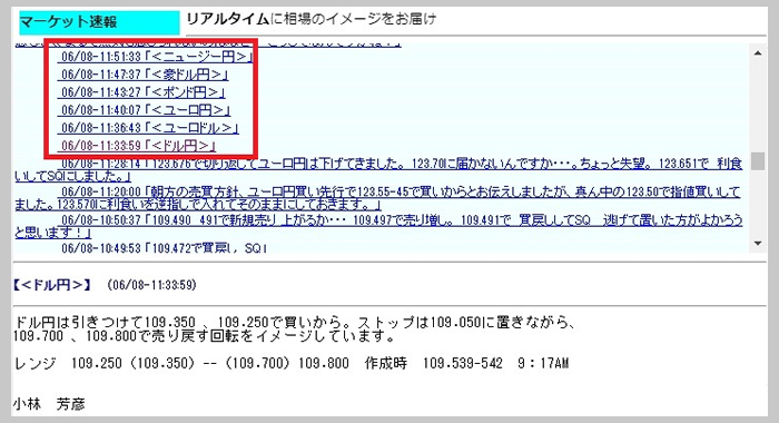 JFXのリアルタイム・マーケット速報画面