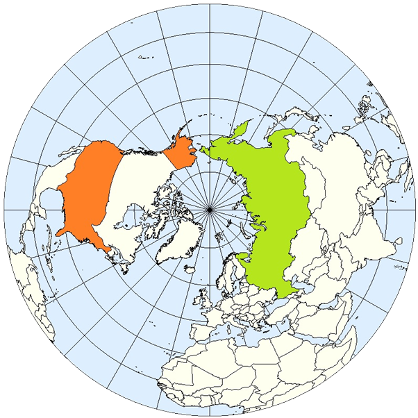 北極を中心とした地図