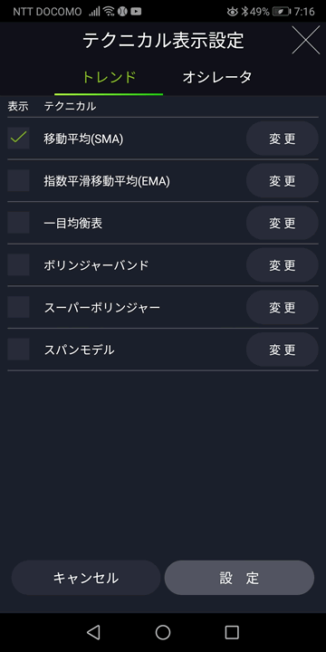 テクニカル指標の設定画面（DMMFXスマホアプリ）
